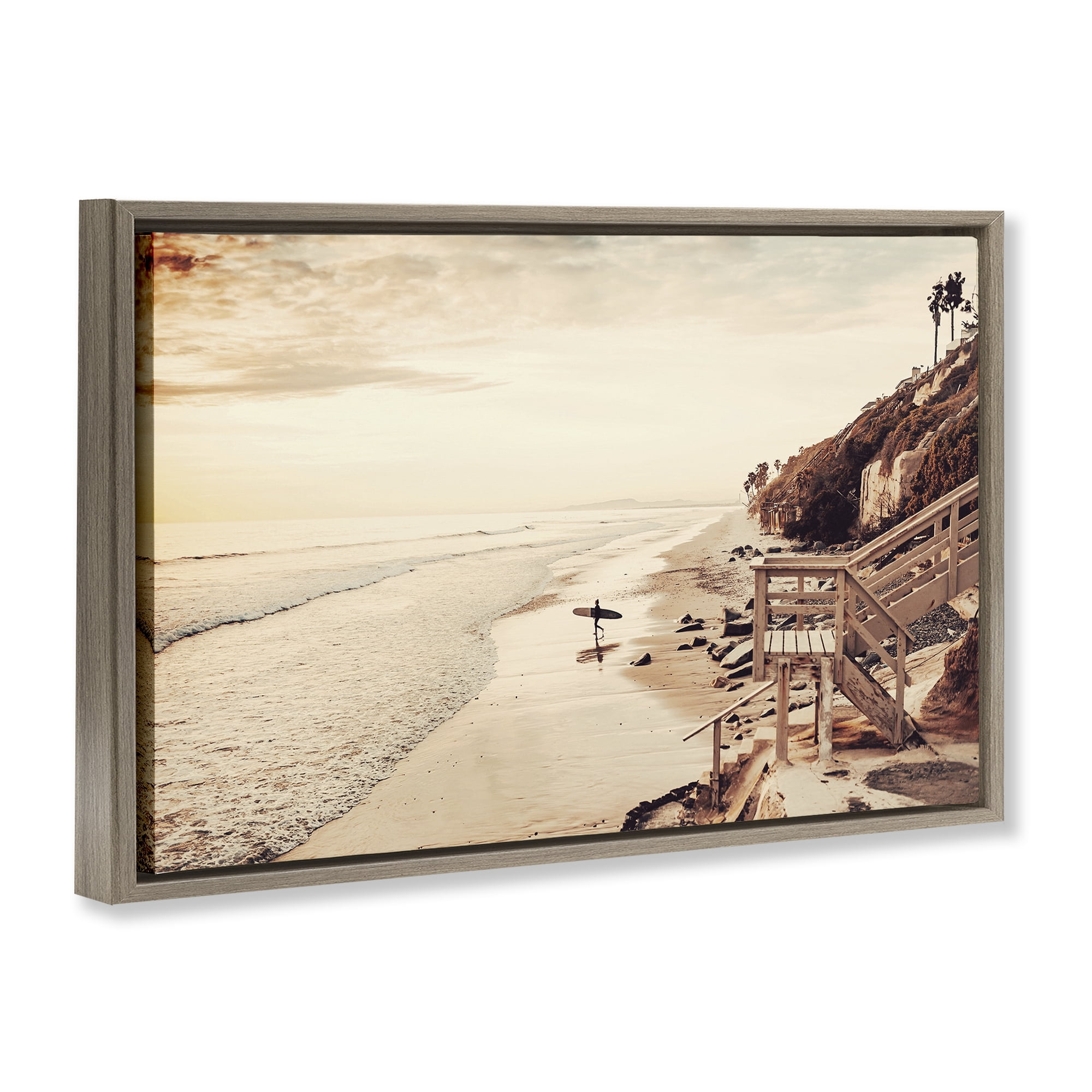 Stupell Industries Sunset & Surf Landscape Nautical & Beach Photography Brown Floater Framed Canvas Art Print Wall Art, 31 x 21