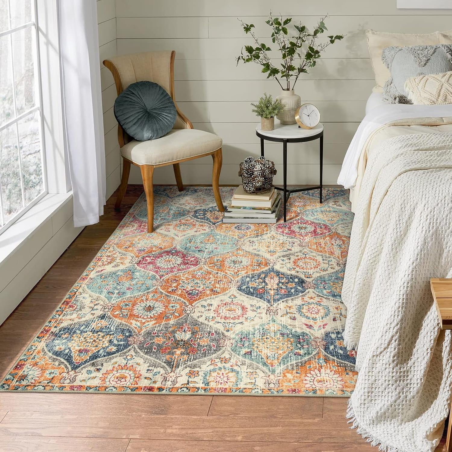 Moynesa 3'x5' Moroccan Trellis Area Rug, 3x5ft Washable Bedroom Rug Indoor Non-Slip, Small Oriental Accent Throw Rug for Kitchen Entryway Bathroom Living Room Office Carpet Cream