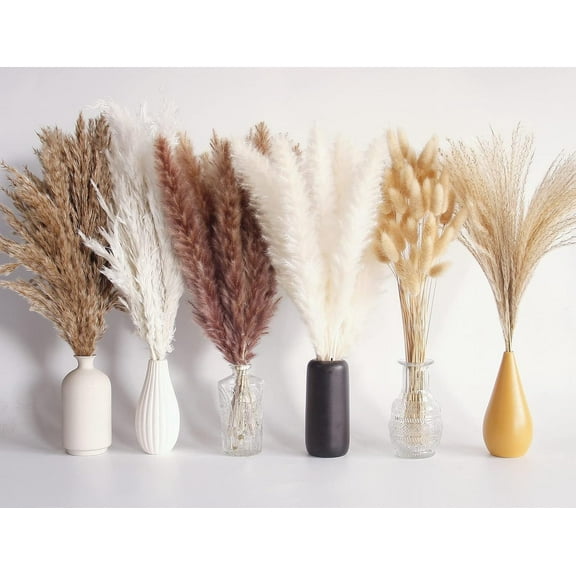 ZHUYING 110 PCS Dried Pampas Grass Bouquet, Boho Table Decor, Bunny Tails Dried Flowers, Brown Pompas, White Pampas Grass for Wedding, Home, Rustic Party, Baby Shower Decorations