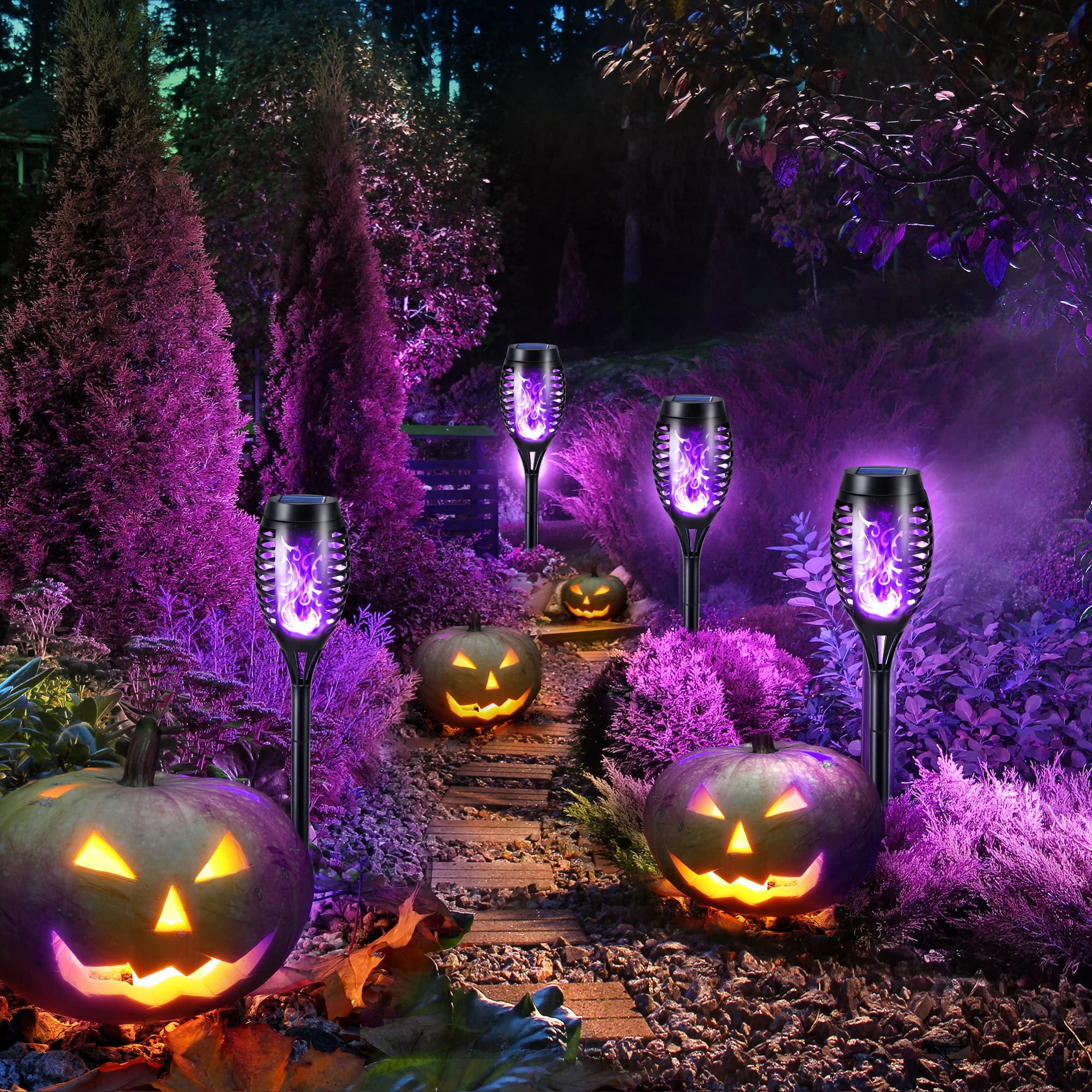 Toodour Solar Halloween Lights Outdoor, 12 Pack LED Solar Torch Lights with Flickering Flame, Waterproof Halloween Decorations for Patio Garden Yard Pathway Landscape, Purple