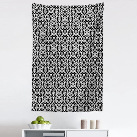 Damask Tapestry, Vintage Victorian Pattern with Floral Renaissance Rococo Influences, Fabric Wall Hanging Decor for Bedroom Living Room Dorm, 5 Sizes, Black and White, by Ambesonne