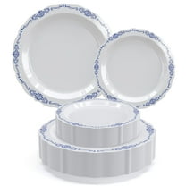Exquisite Victorian Design Navy/White Plastic Party Plates, 80-Piece