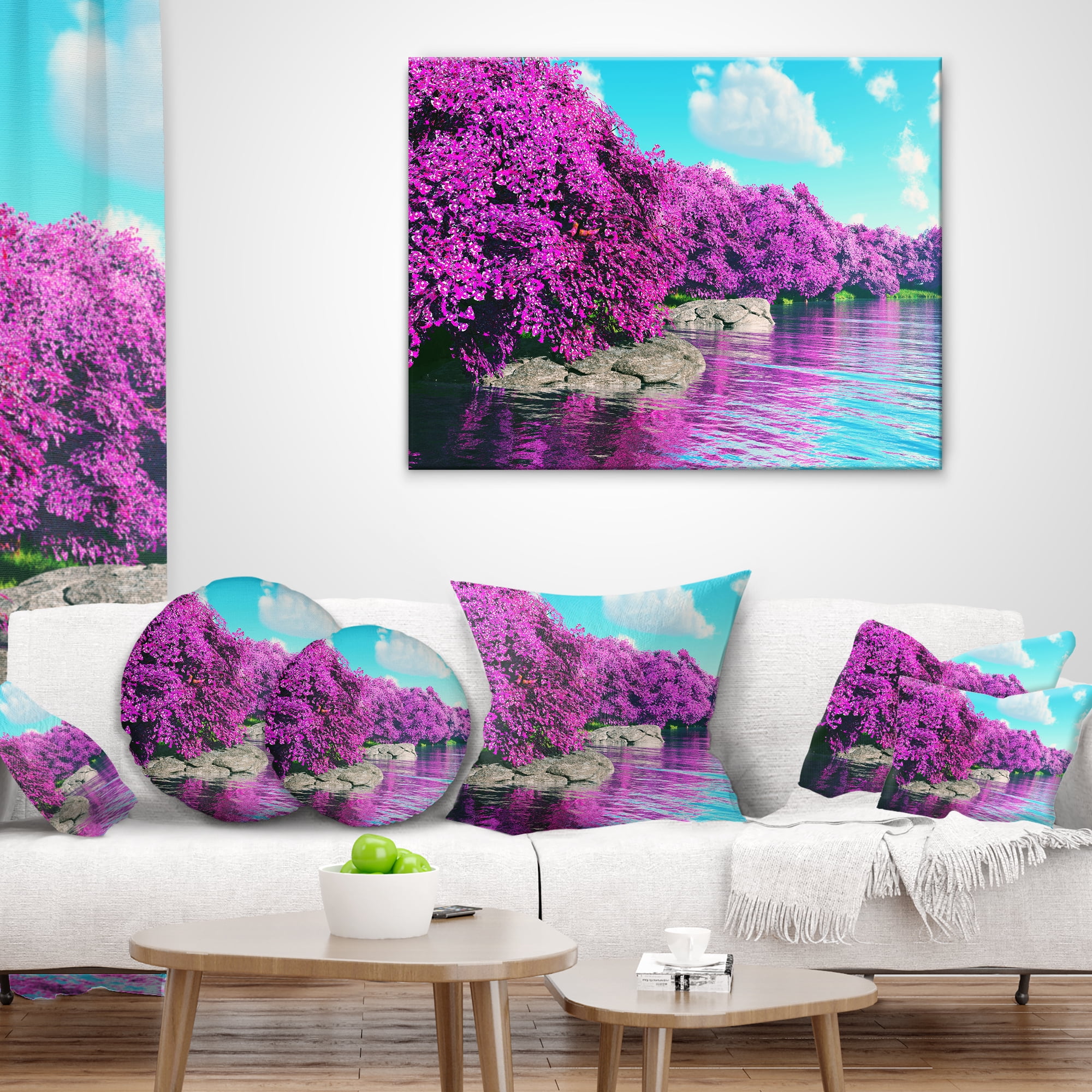 Designart Beautiful Row of Cherry Blossoms - Landscape Printed Throw Pillow - 18x18