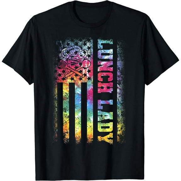 Tie Dye US Flag Lunch Lady Back To School T-Shirt Black Large