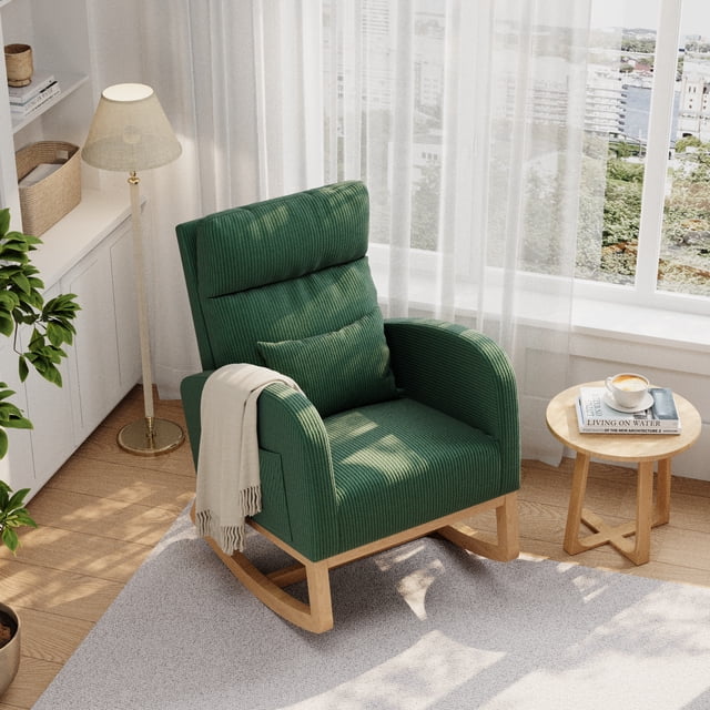 Modern Nursery Rocking Chair, Boucle Upholstered Rocking Chair, Comfortable Rocker Recliner with Side Pocket, Rocker Glider for Living Room, Bedroom, Nursing Room, Green