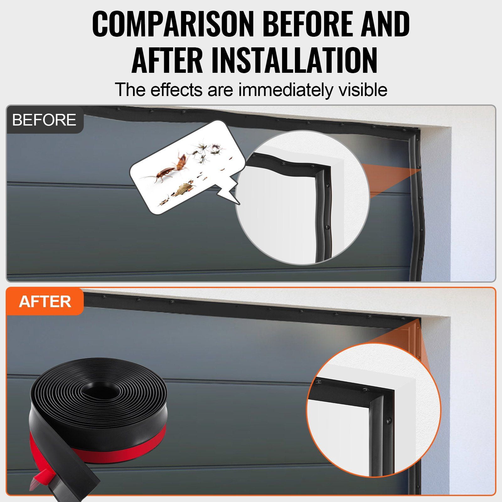 Universal Garage Door Seal Strip 20 FT Weatherproof TPE Composite with Adhesive and Screws Black