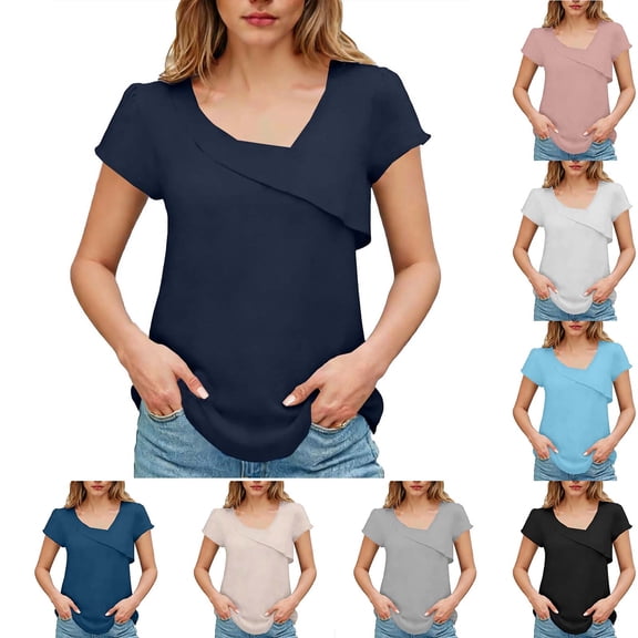 Womens Tops Trendy Sawvnm Women's Casual Fashion Asymmetrical V-Neck Top With Puff Sleeves Summer Short Sleeve Top Blouses for Women Navy XL