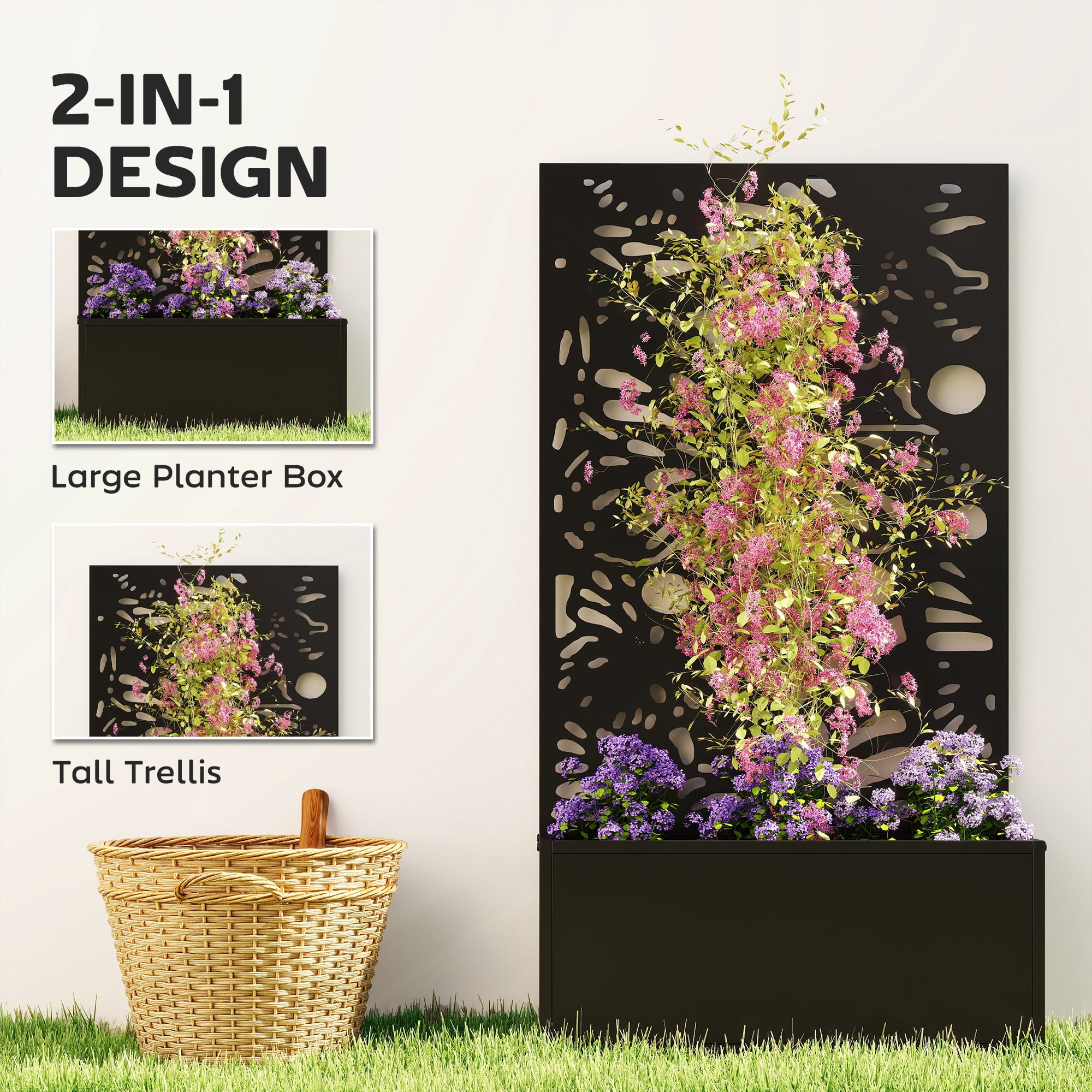 Outsunny Metal Raised Garden Bed with Trellis, Freestanding or Wall Mounted Raised Flower Bed with Privacy Panel for Garden, Patio, Balcony