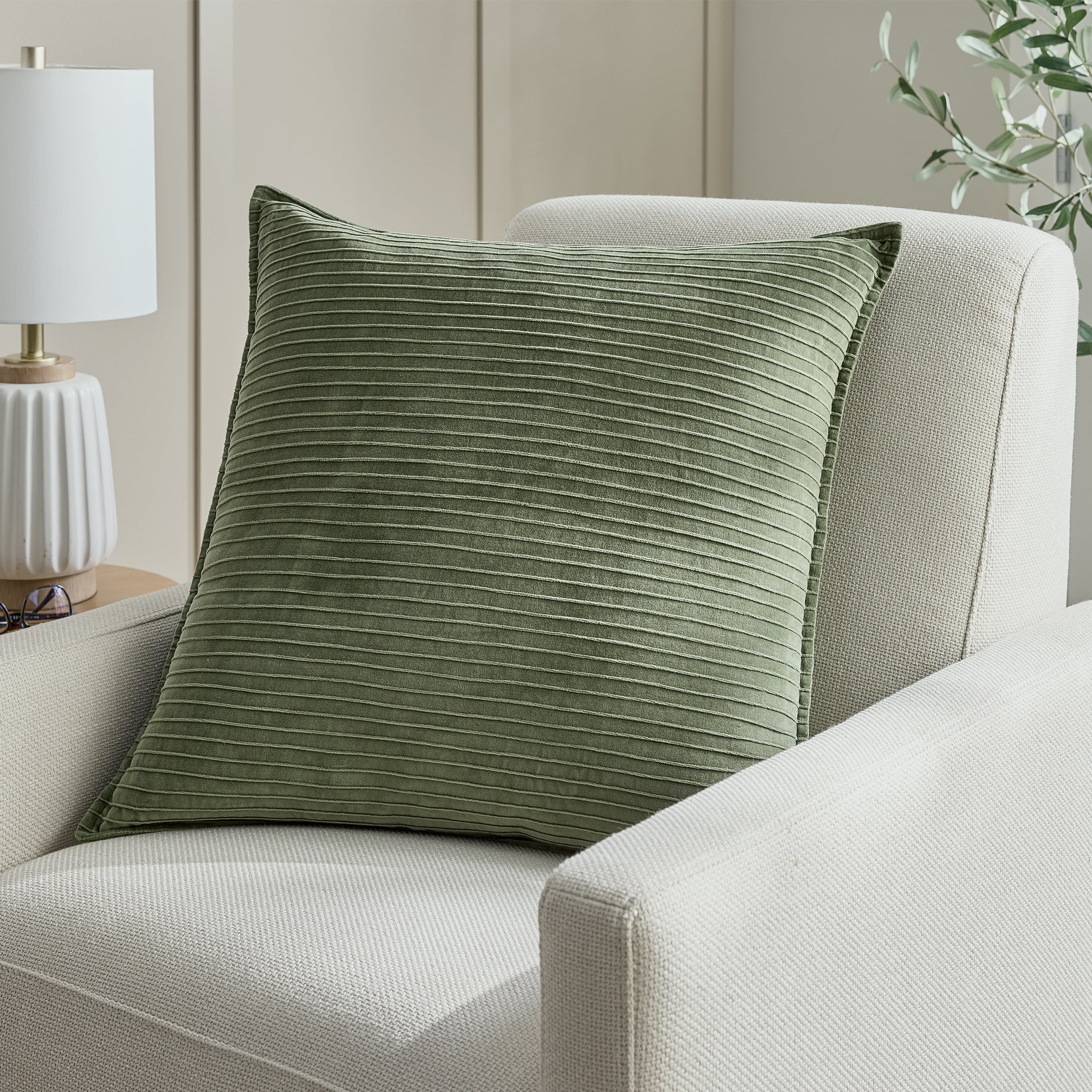Liam Velvet Throw Pillow Cover with Elegant Pleated Stripes, 24x24 Inches