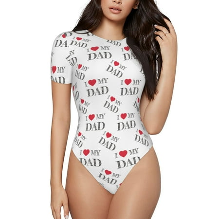 Vsdgher I Love My Dad Prinr Short Sleeve Body suit for Womens  Sexy Onesie One Piece Round Neck Bodysuit Shapewear Tummy Control-Small
