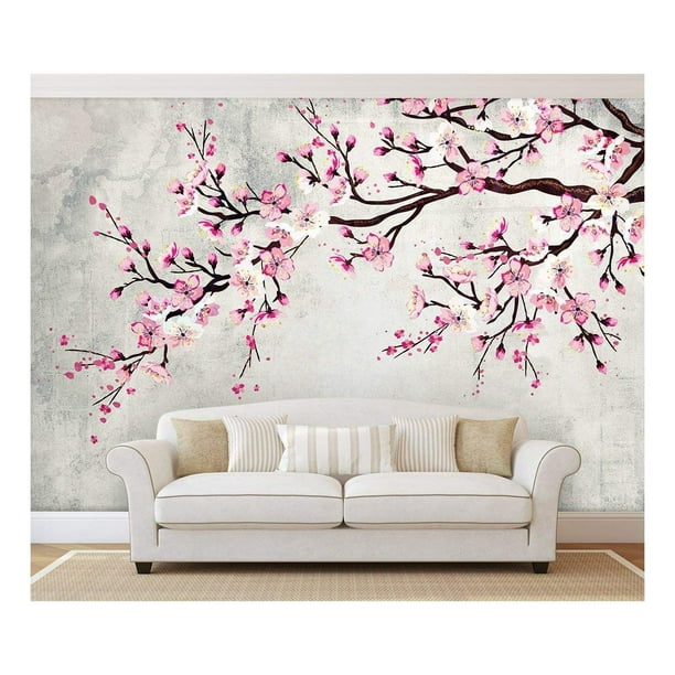 Wall26 Large Wall Mural Watercolor Style Ink Painting Pink Cherry Blossom On Vintage Wall Background Self Adhesive Vinyl Wallpaper Removable Modern Wall Decor 100x144 Inches Walmart Com