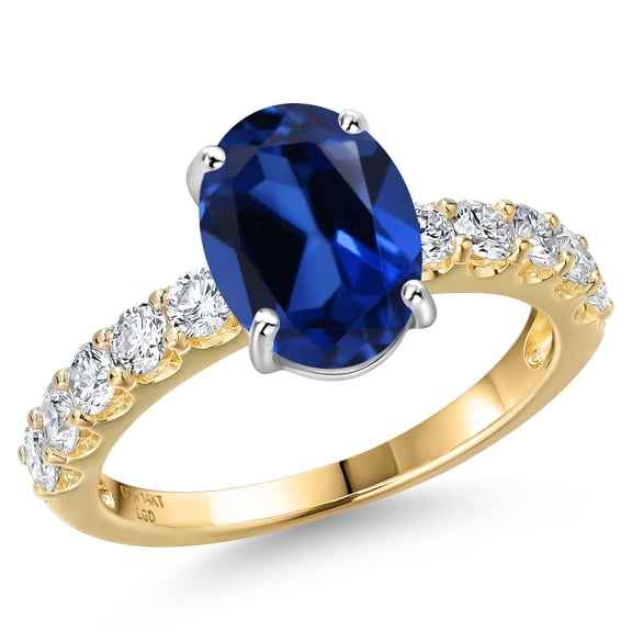 Gem Stone King 14K Two Tone Gold Blue Created Sapphire and Lab Grown Diamond Engagement Ring for Women | 3.95 Cttw | Oval 10X8MM | Gemstone September Birthstone | Size 6