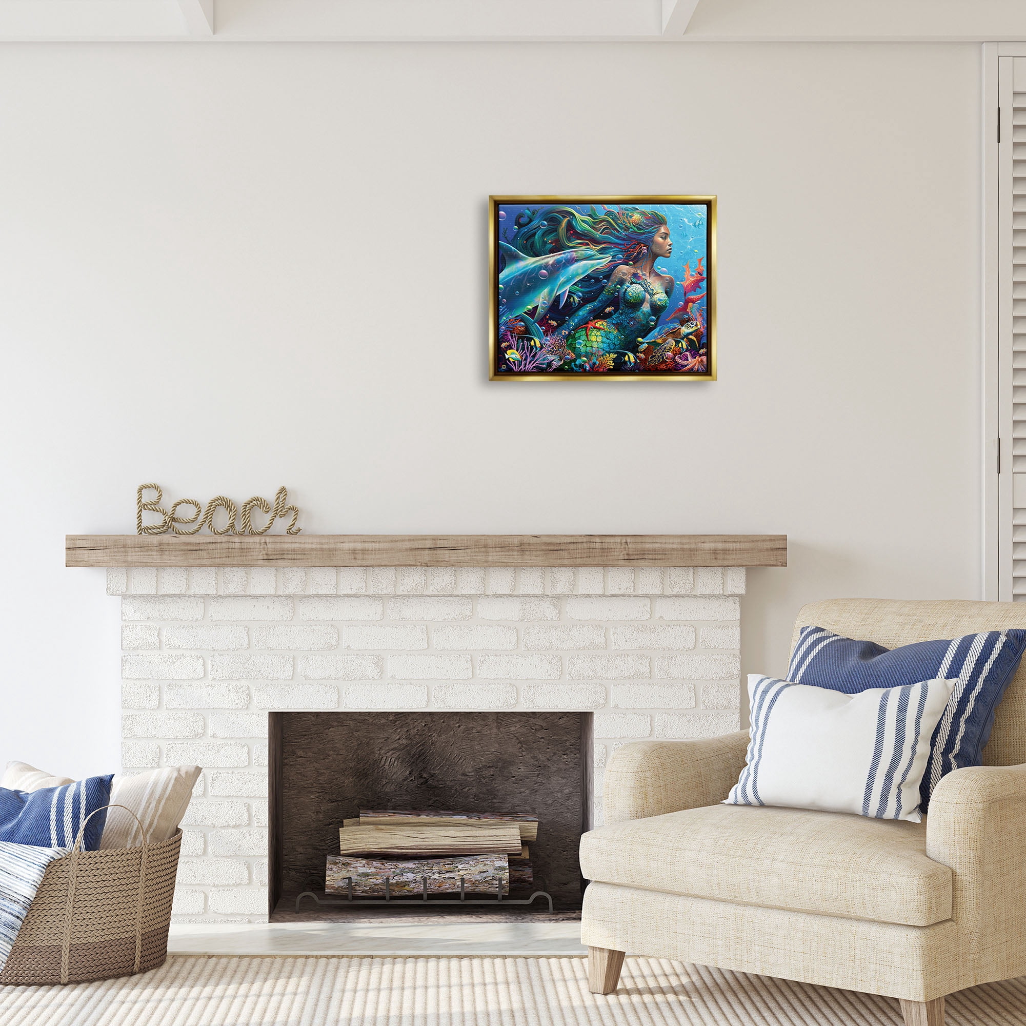 Stupell Industries Mermaid Underwater Sea Life Fairy Tales & Fantasy Painting Gold Floater Framed Art Print Wall Art, 21 x 17