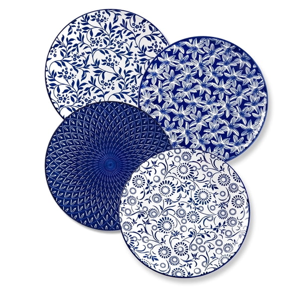 MALACASA Porcelain Dinner Plates Set of 4, 10.25-inch Blue Floral Dinner Plates, Microwave Dishwasher Safe, Series SELENE