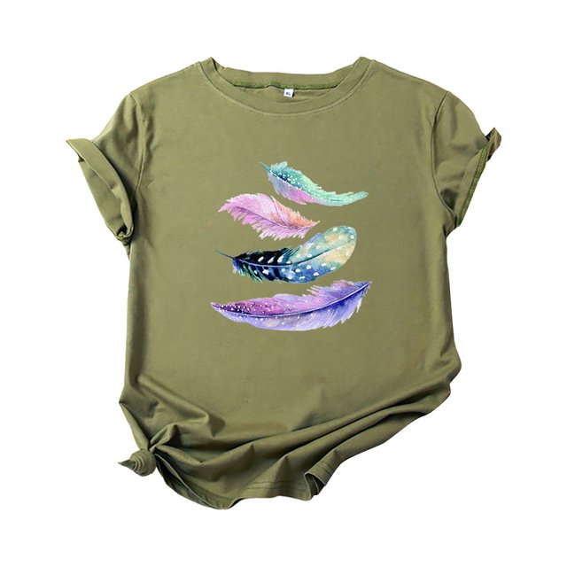 Gibobby Blusa de Trabajo de Manga Corta Camiseta manga corta con estampado plumas coloridas a la moda para mujer(Verde,G)