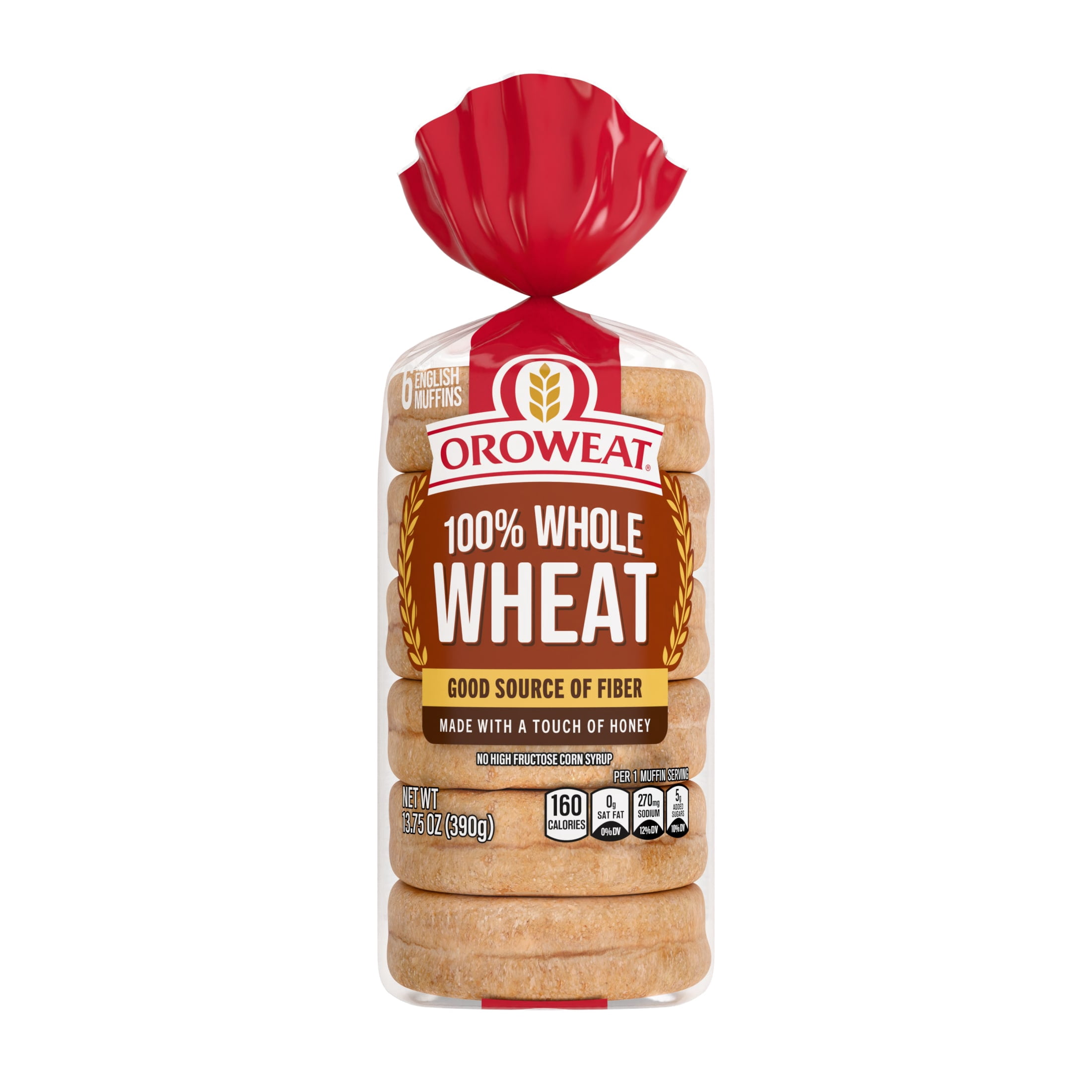 Oroweat Whole Grains Whole Wheat English Muffins, 6 count, Pre-sliced English Muffins, 13.75 oz Bag