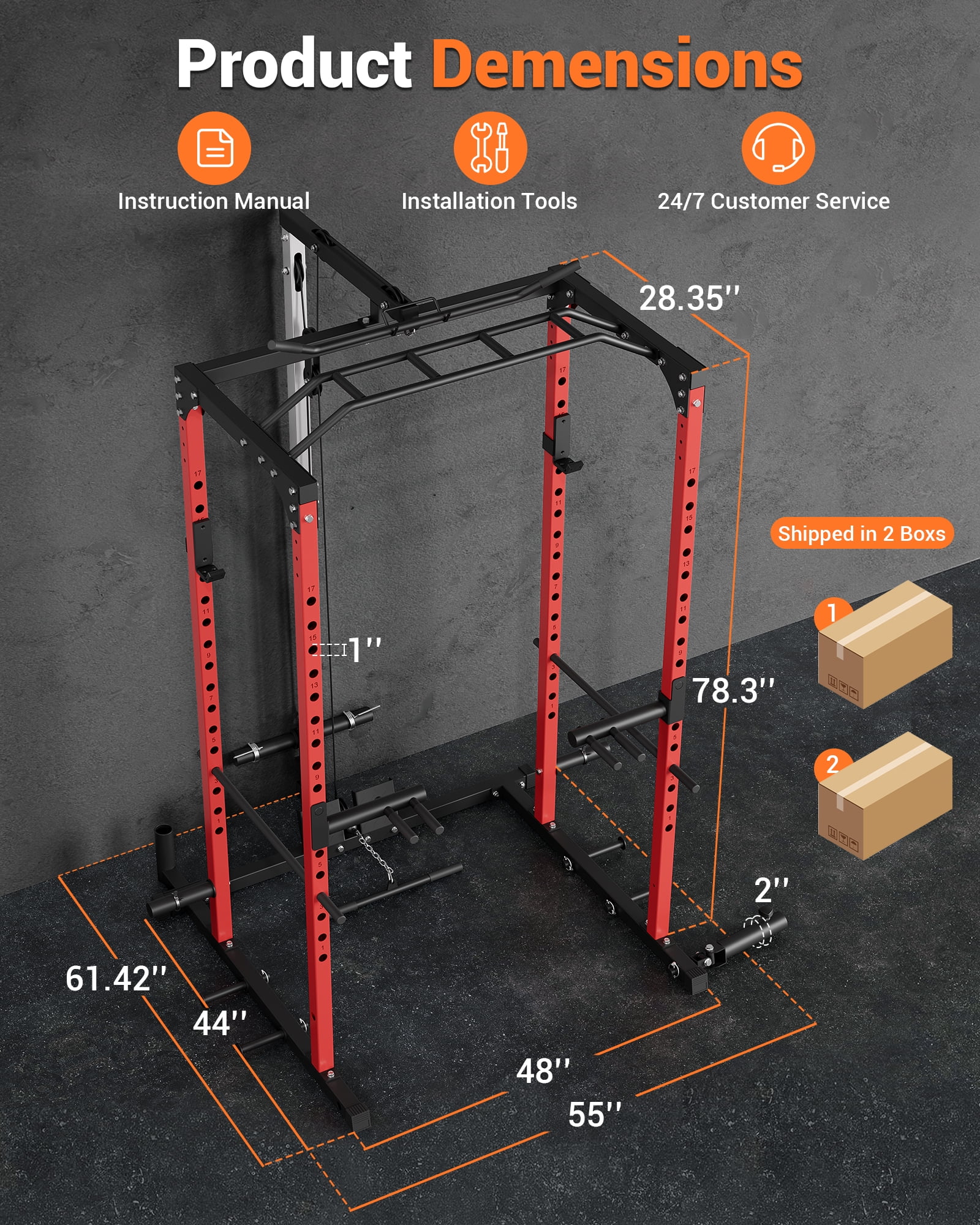 JoanKaren Power Cage with Lat Pull Down & Low Row System,Multi-Functional Squat Rack with J-Hooks,360°Landmine Attachment,Black