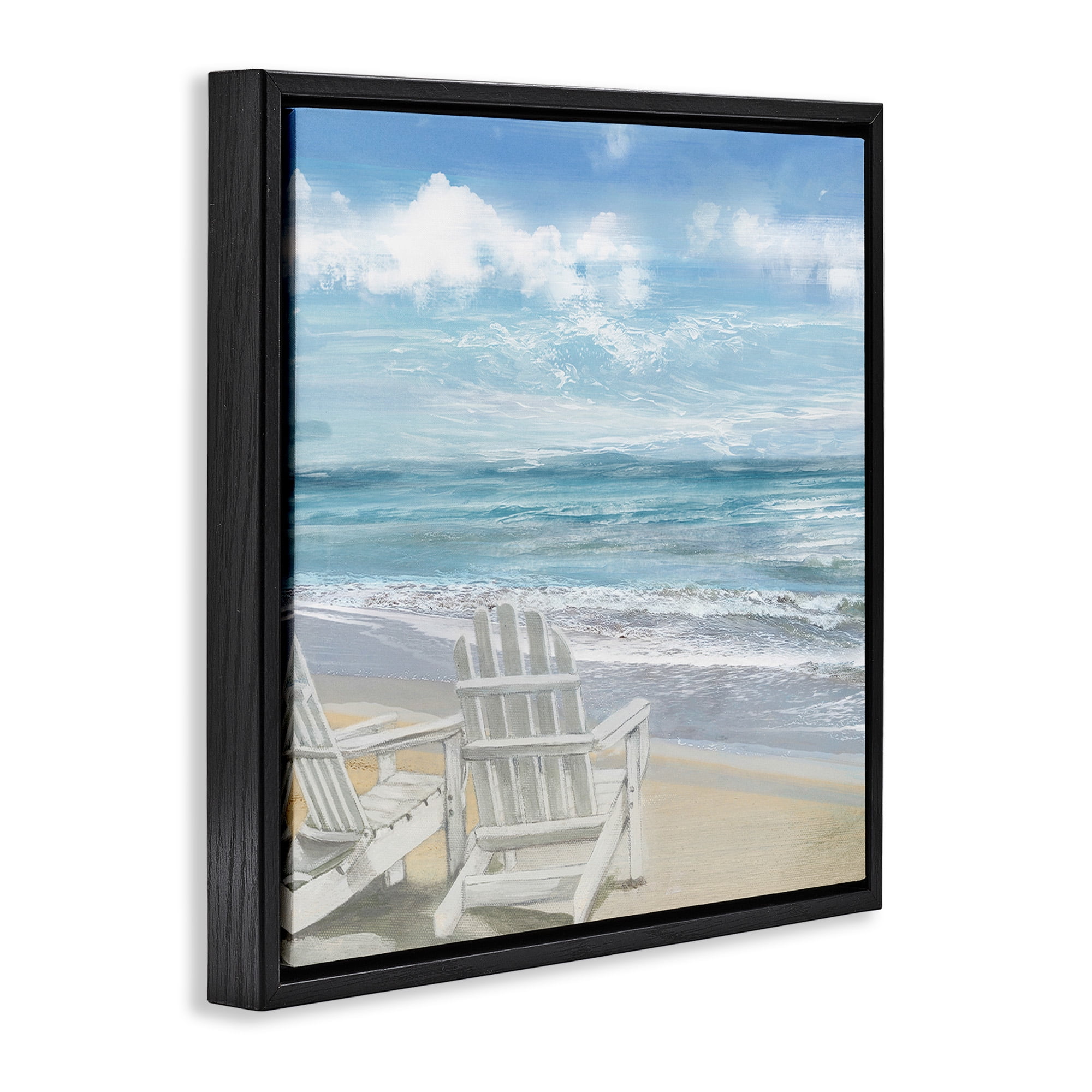 Stupell Industries White Adirondack Chairs on Beach Landscape Painting Black Floater Framed Canvas Art Print Wall Art, 18 x 18