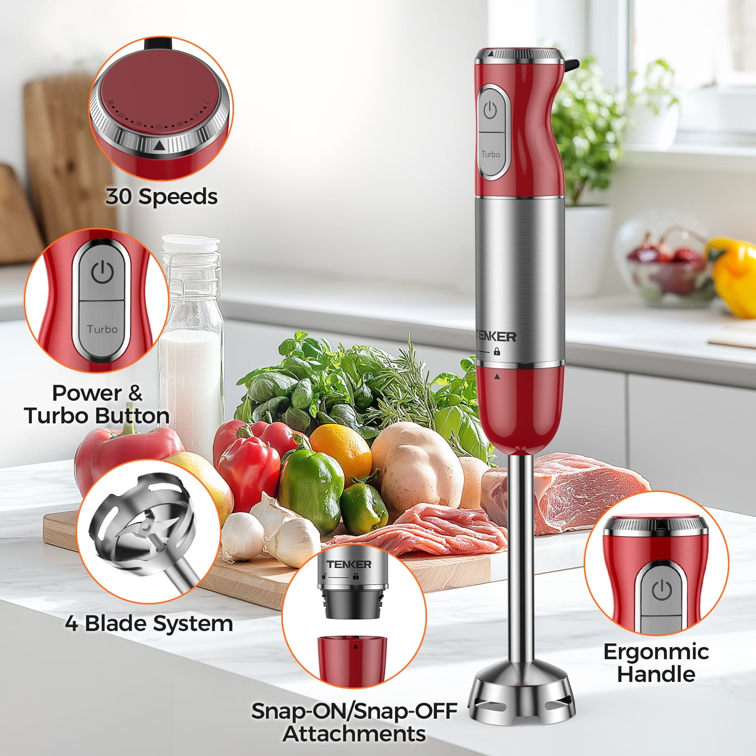 450W 5 in 1 Immersion Hand Blender Set with 30 Speed Settings Turbo Function Includes Mixing Beaker Chopper Whisk Milk Frother for Baby Food Soup Sauce Smoothie and Kitchen Cooking