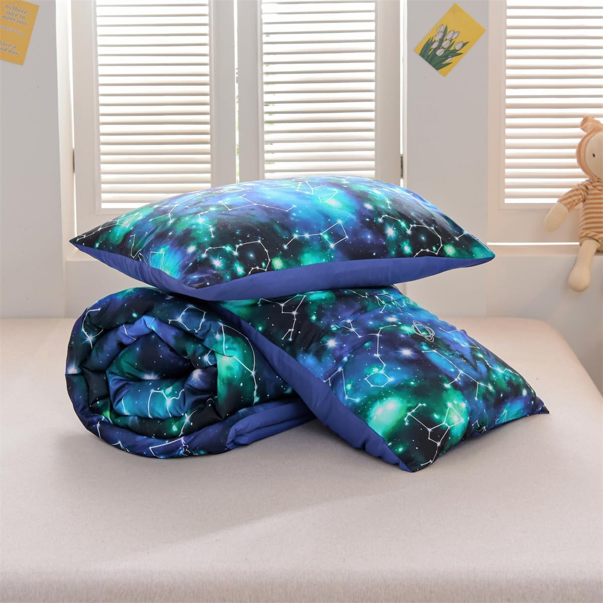 NTBED Tie Dye Constellation Ombre Comforter Set Queen Size Gradient Galaxy Bedding Set for Kids Girls Boys Black and Green 3Pcs