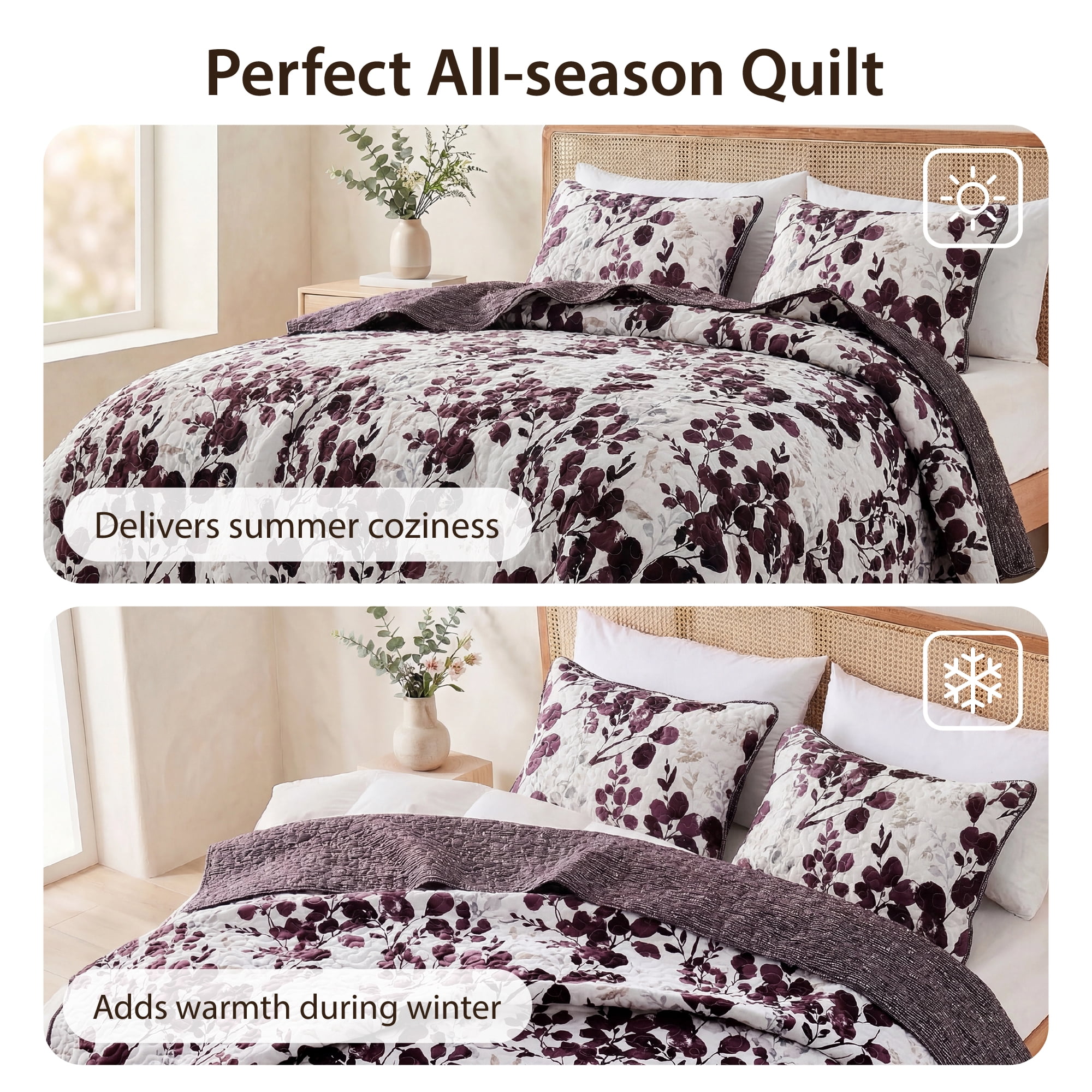 Regency Heights Full/Queen Botanical Quilt Set, 3-Piece Reversible Floral Summer Quilt Coverlet Bedding Set, Plum Quilted Bedspread with Shams for All Season