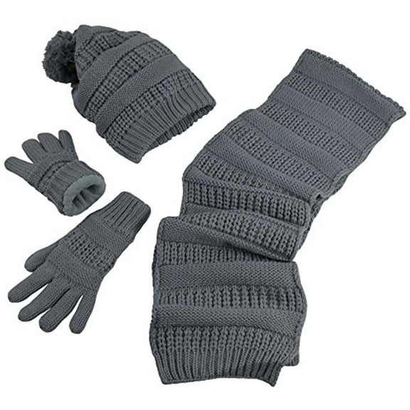 N'Ice Caps Womens Adults Ladies Fully Lined Knit Hat Scarf Gloves Winter Grey 3 Piece Set