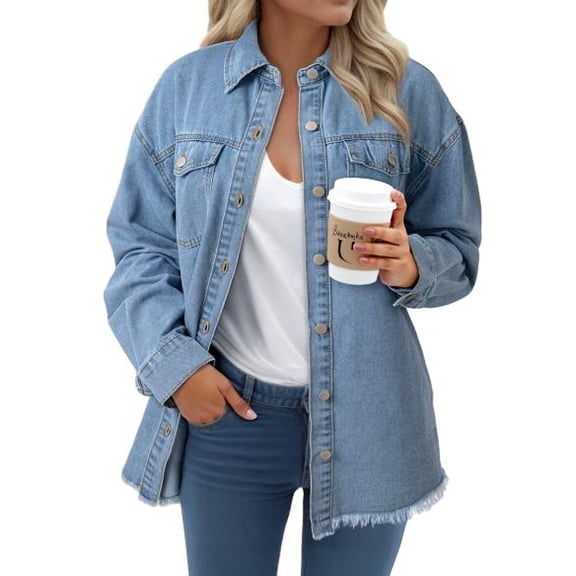 Eytino Denim Jacket for Women Long Sleeve Boyfriend Jean Jacket Loose Coat Sky Blue S Female