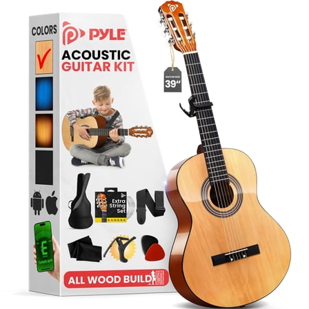 Pyle Beginner Acoustic Guitar Kit, 4/4 Full Size All Wood Build Nylon String Instrument with Capo, Strap, Extra String Set, Gig Bag, Guitars for Beginners Adults Youth, 39" Natural Gloss