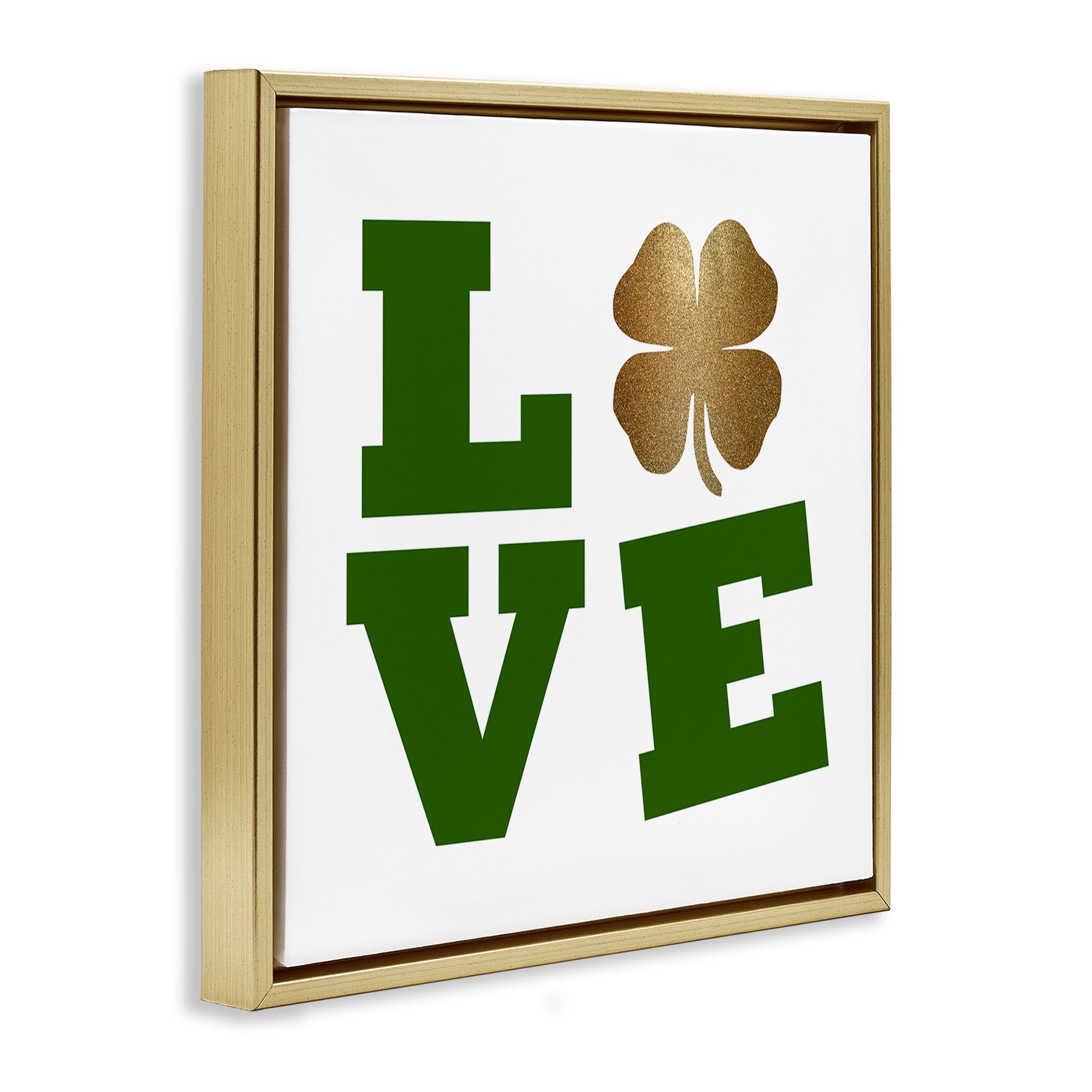 Stupell Industries St Patrick's Day Clover Love Holiday Painting Gold Floater Framed Canvas Art Print Wall Art, 18 x 18