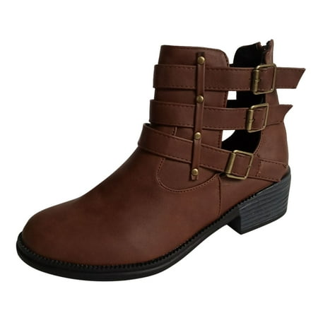 

asdoklhq Womens Boots Clearance Under $20 Autumn And Winter New Mid-Heel Hollow Belt Buckle Round Head Boots
