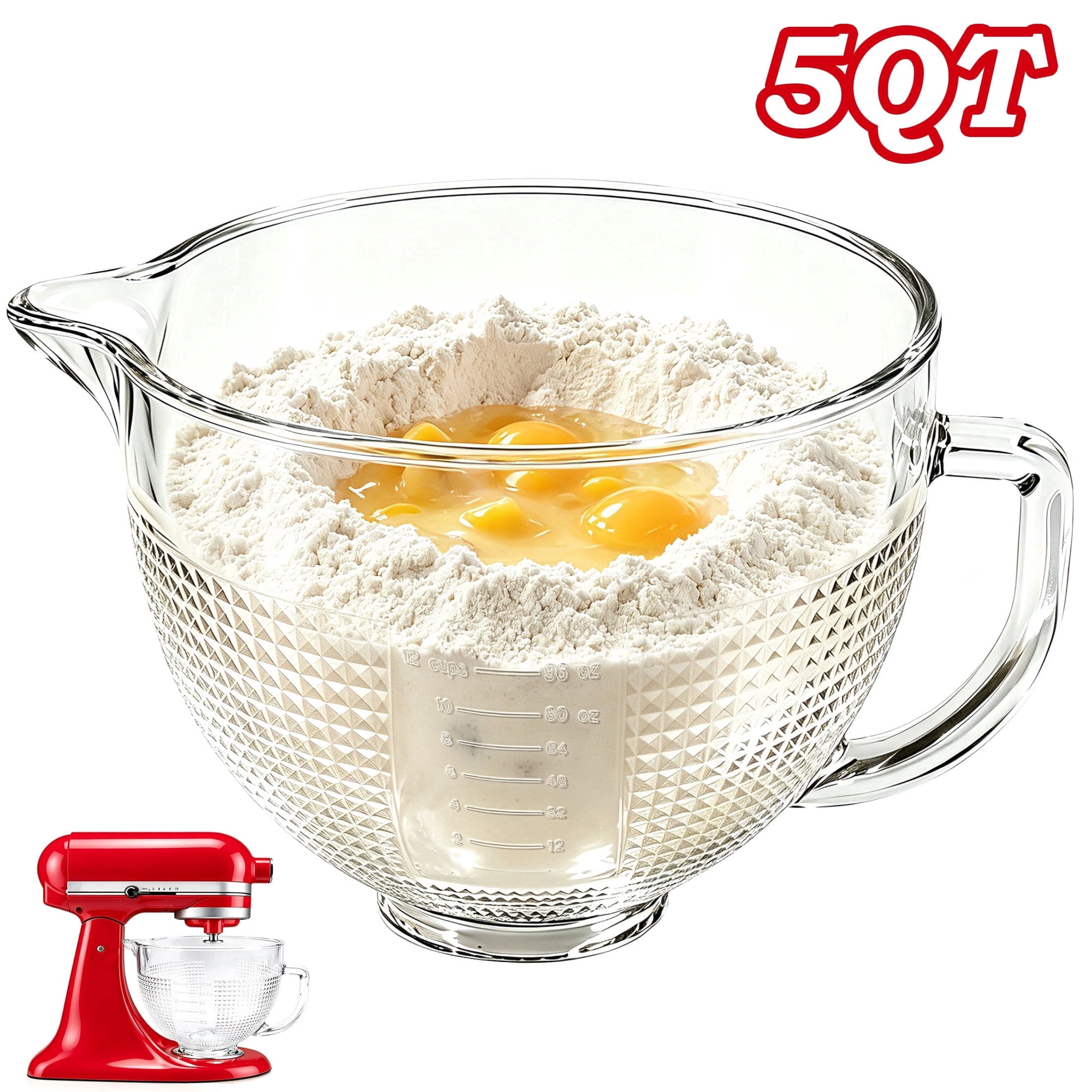 Uscover Glass Mixer Bowl for Kitchenaid 4.5-5 Quart Tilt-Head Stand Mixers, 5 qt Mixing Bowl for Kitchen Aid with Measurement Markings & Handle