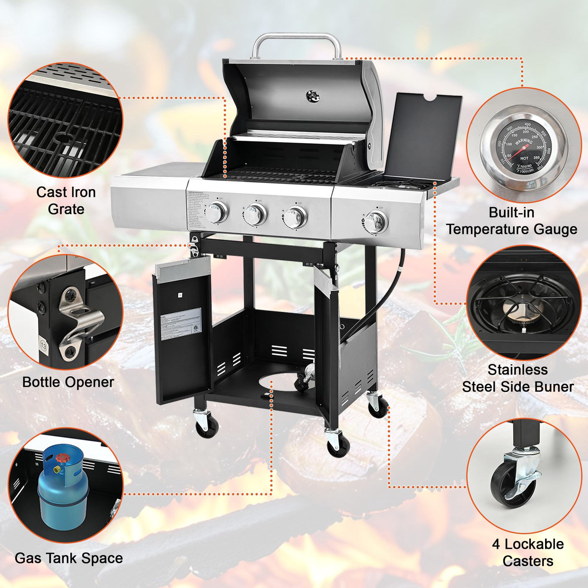 Seizeen 40,500 BTU Propane Gas Grill with Side Burner, Stainless Steel  3 Burner  Barbecue Grill Portable on Wheels, with Bottle Opener, for Camping Patio Outdoor Cooking