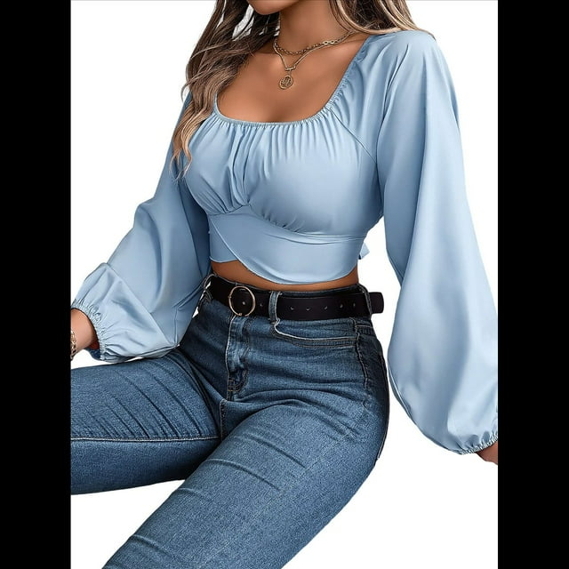 Blusa Corta con Volantes, Cuello Cuadrado y Fruncido para Mujer, Larga y Lazo Anudado Azul M