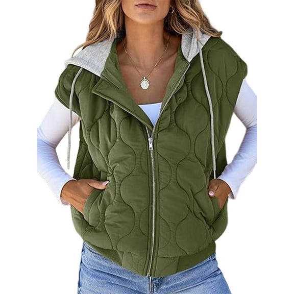 Women Cropped Hooded Zip Up Quilted Sleeveless Jackets Fall Light-Weight Coat with Pockets Army Green XXL
