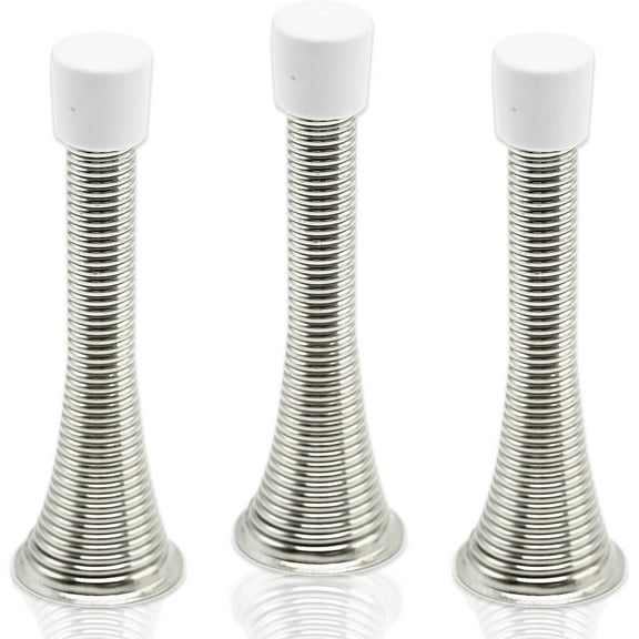 3X Wall Mounted Chrome Spring Door Stop Sprung Stopper Skirting Board Buffer with 3X Replacement Rubber tip