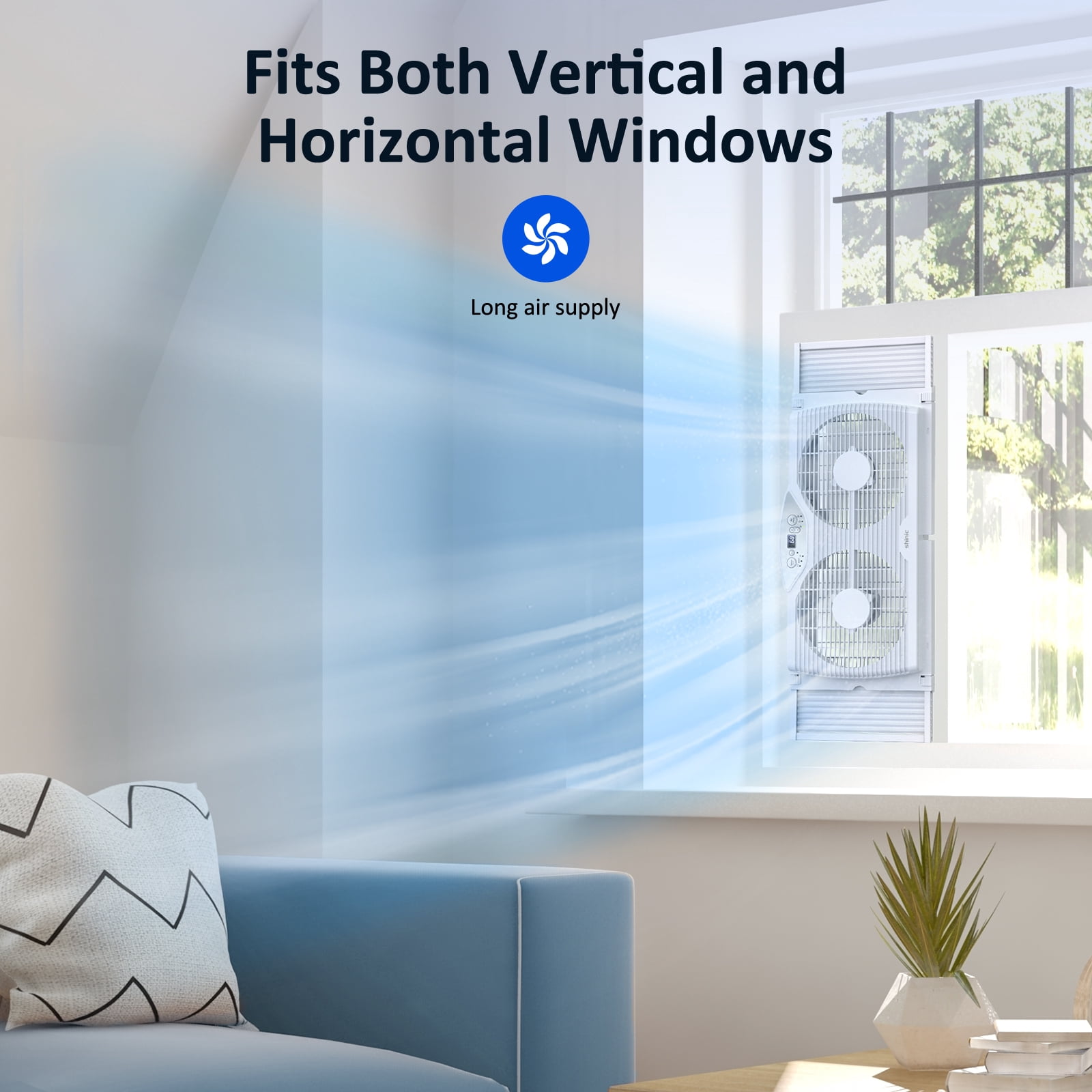 Shinic 9" Twin Window Fan with Thermostat, Reversible Airflow, 3 Speeds, Expandable Width 23.8"-37", ETL Listed