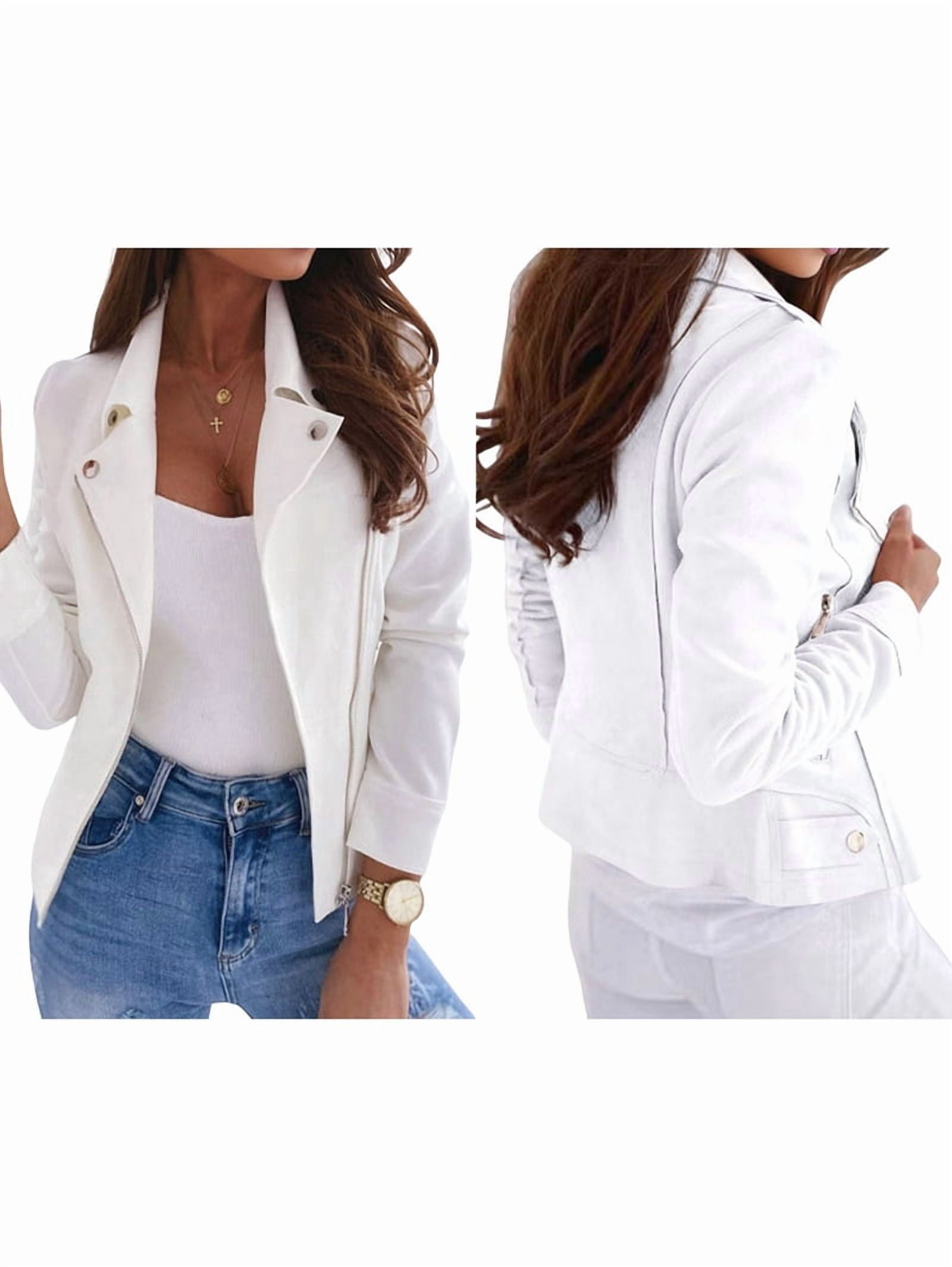 Women'S Faux Leather Jackets Suede Spring Trendy Outfits 2025 Fall Zip Up Cropped Moto Jakcet Outerwear White L