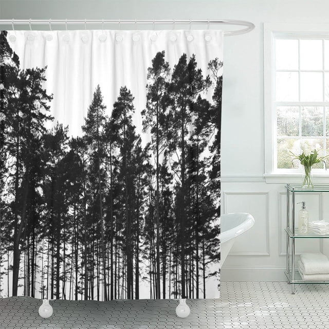 ABPHQTO Cortina de ducha de poliéster blanca con paisaje de silueta negra de bosque de árboles de pino oscuro 152x180 cm ABPHQTO PKNMT60x72Shower-1575