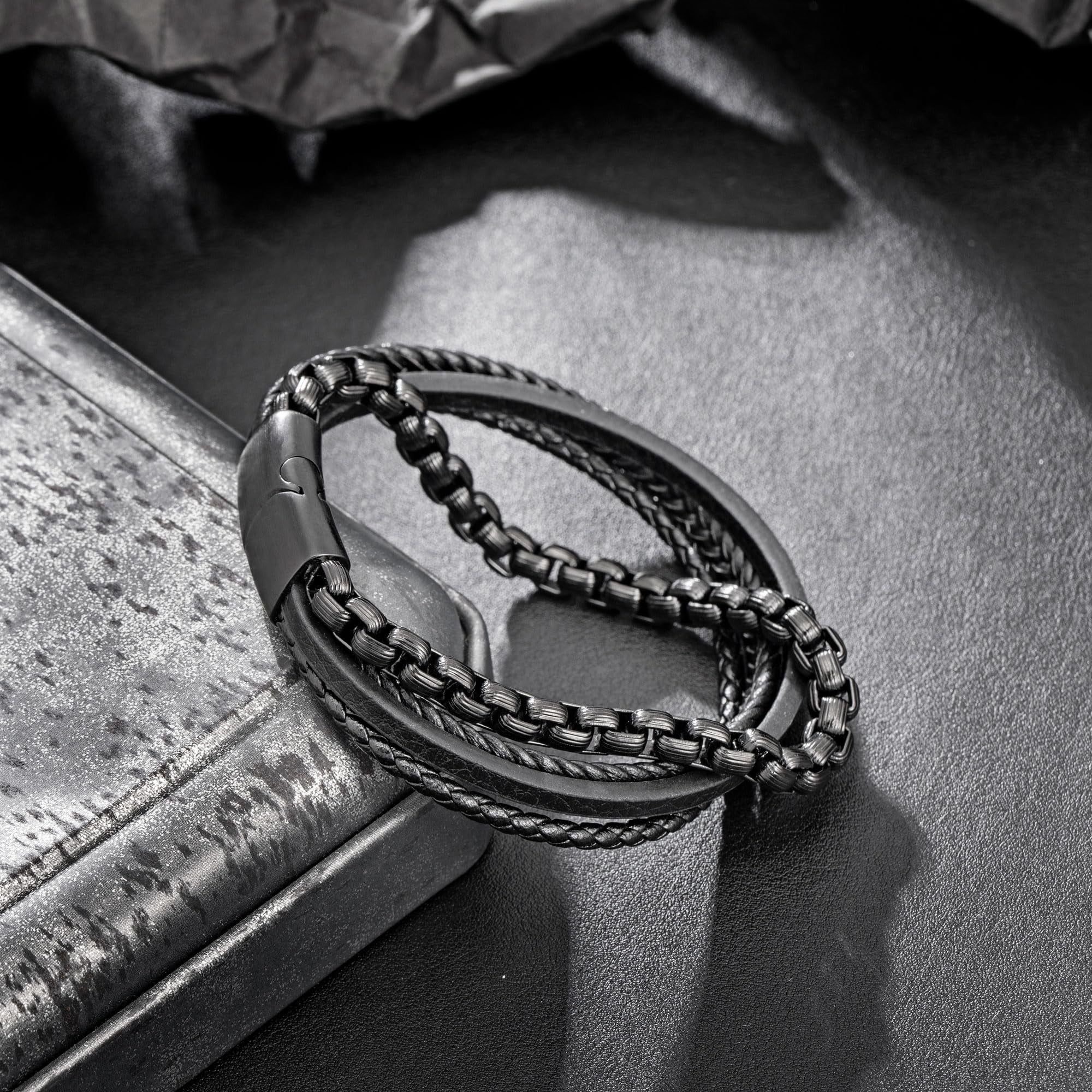 Speroto Mens Bracelets,Leather and Steel Bracelets, Chain Bracelets with Clasp,Steel Bracelets for Men