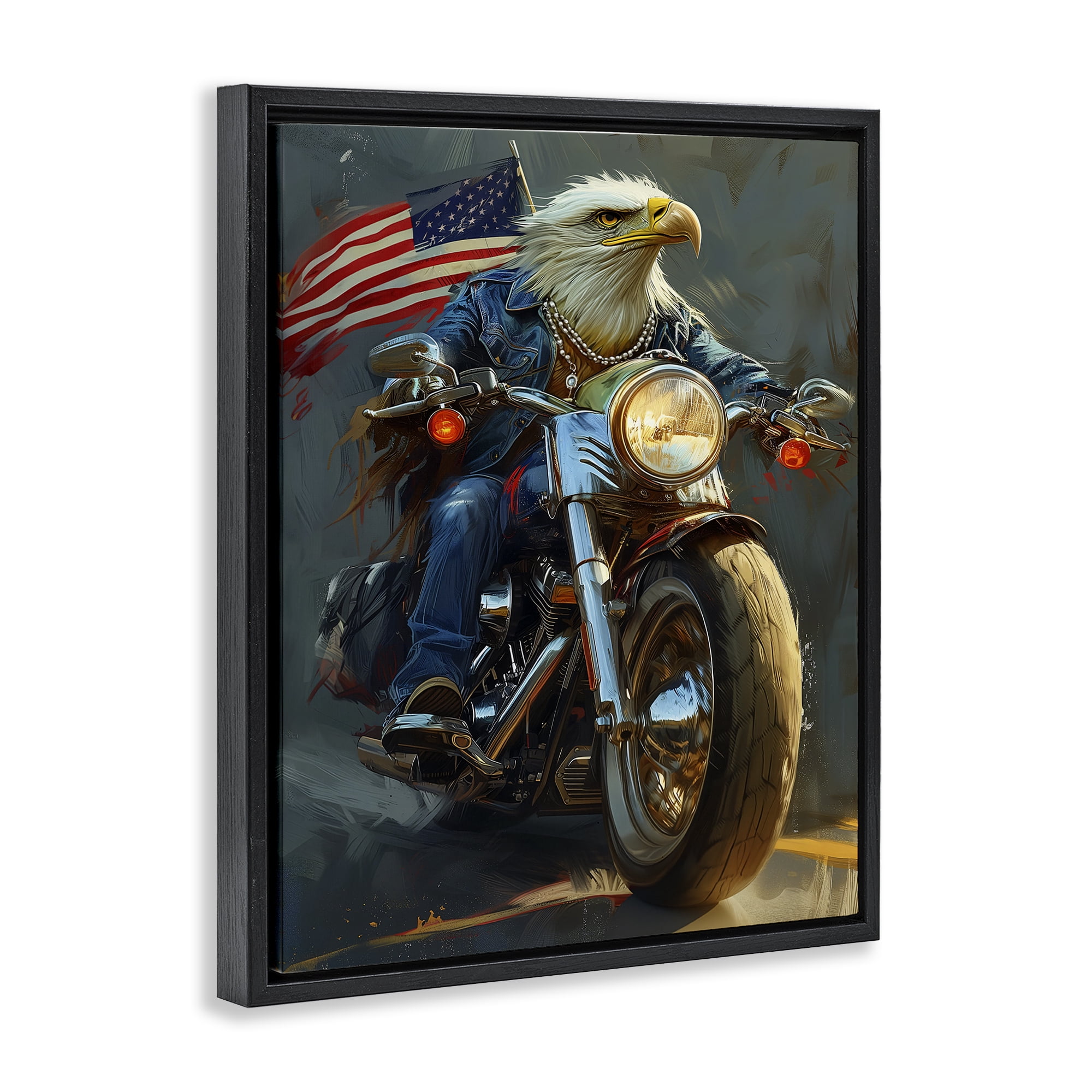 Stupell Industries Patriotic Eagle Motorcycle Transportation Painting Black Floater Framed Canvas Art Print Wall Art, 25 x 31