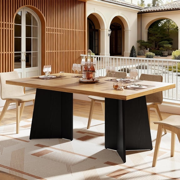 Natural & Black 63" Modern Dining Table for 6-8, Large Kitchen Table with Heavy Duty Pedestal Base