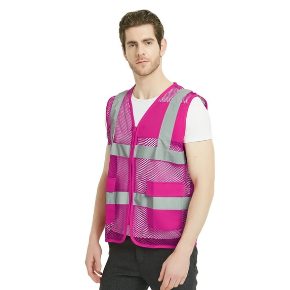 GOGO Unisex US Big Mesh Volunteer Vest Zipper Front Safety Vest with Reflective Strips and Pockets-Hot Pink-US S