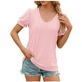 thumbnail image 2 of OKBOP Pink Womens Tops Clearance Under $5 Short Sleeve V-Neck Puff Sleeve Crochet Solid T-Shirts Plus Size Ladies Shirts, 2 of 6