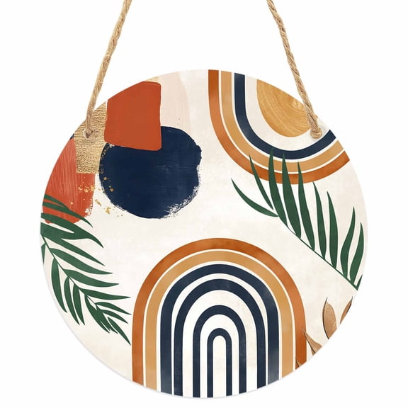 Bohemian Nordic Round Front Door Welcome Sign, 5.9 Inch Wall Hanging Decor for Indoor Outdoor, Abstract Art Coconut Palm Leaves Home Porch Hanger Decorations for Holiday Gift