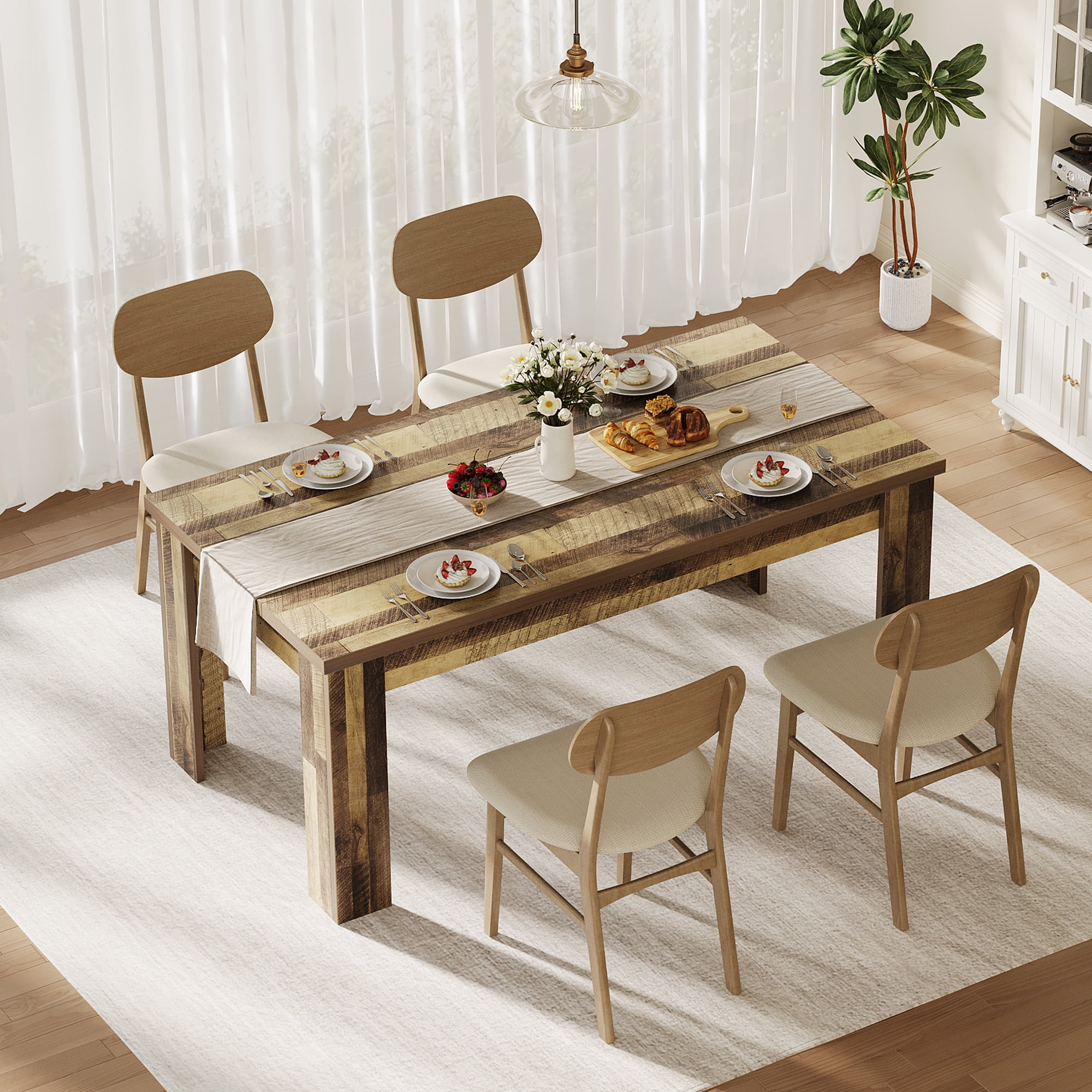 COZONY 1.6m 6-8 Seater Farmhouse Dining Table, Reinforced Triangular Legs, 330 lb Capacity, Rectangular Wood Kitchen Table for Apartment & Small Space,jointed plate