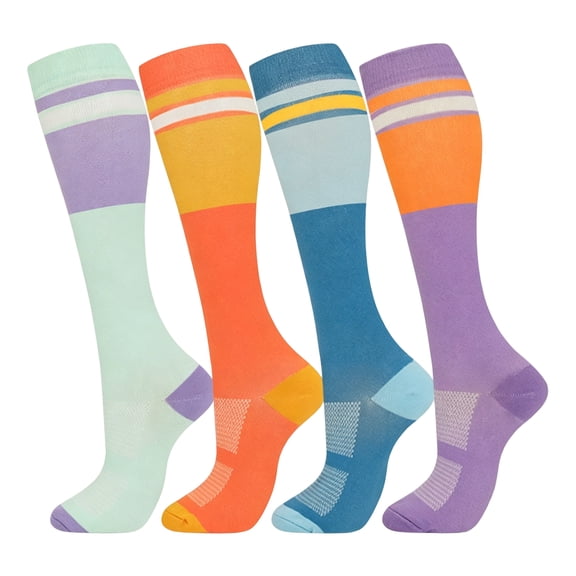 4 Pairs of Colorful Striped Compression Socks for Women and Men, Knee-High Graduated Athletic Support Socks for Running, Sports, Nurses, and Travel