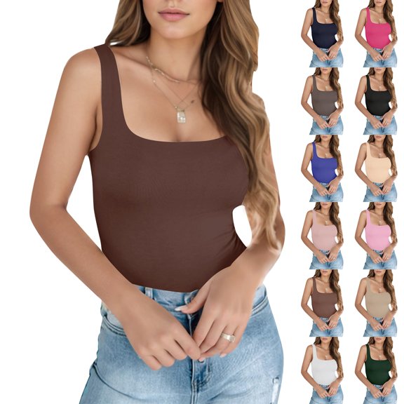AHMOMEI Tank Tops for Women Summer Basic Seamless Slim Fit Plus Size Camisole Tops for Women Basic Sleeveless Gym Tank Tops Woman Khaki XS
