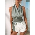 thumbnail image 4 of Women'S Satin Blouse Wrap V Neck Sleeveless Tie Side Summer Elegant Crop Tops Mint Green S, 4 of 7