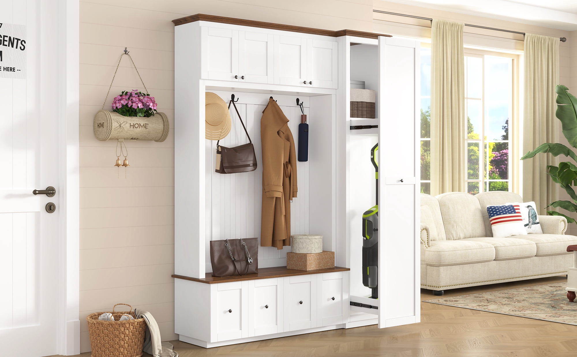 Mintazer 78.7"H Farmhouse Hall Tree with Coat Rack, Storage Bench, Drawers & Hooks for Hallway, Entryway, Bedroom, Mudroom, Living Room, White