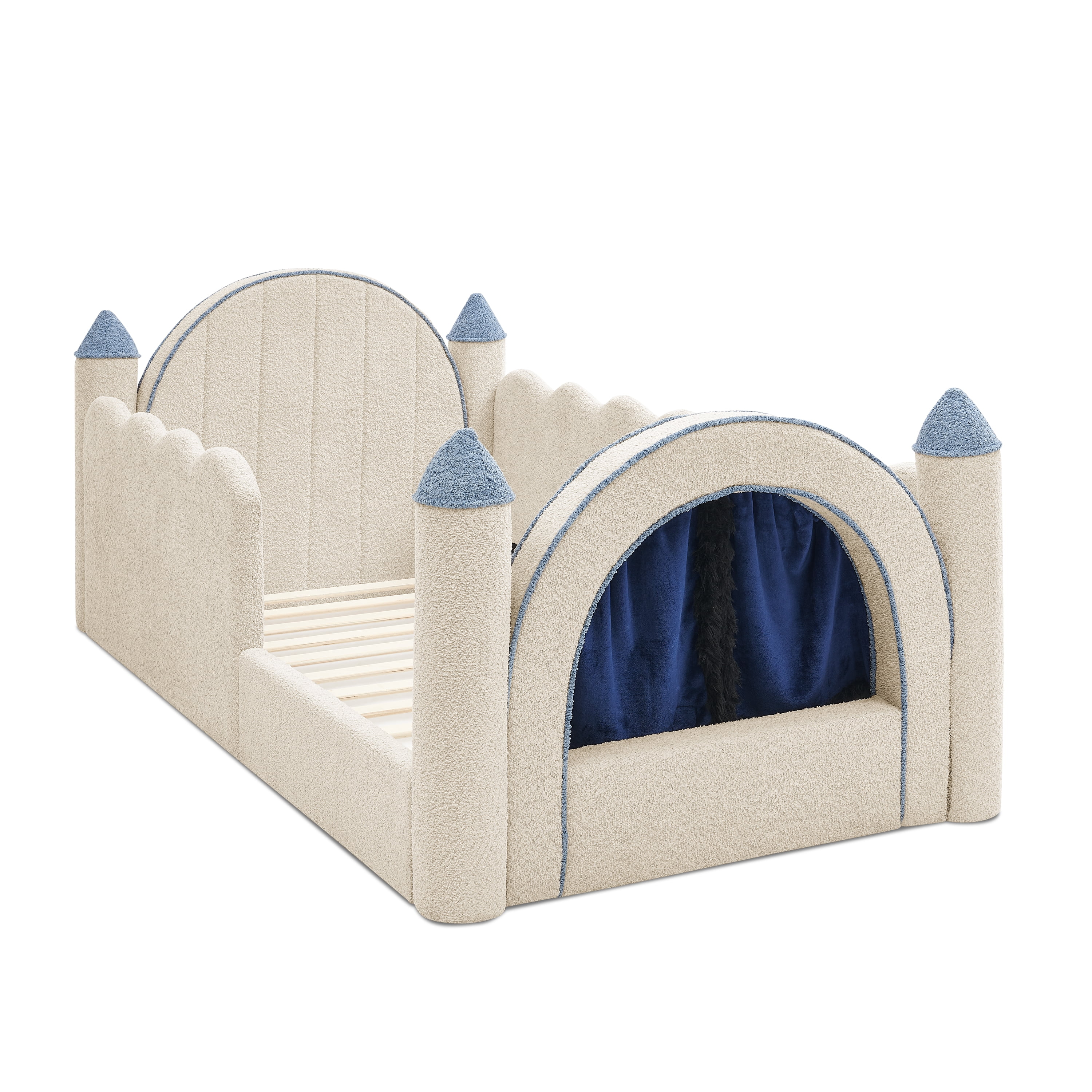 Wakefit Twin Size Castle Bed with Safety Guardrails & Curtain,Boucle Upholstered Kids Bed Solid Wood Frame,Cute Daybed for Bedroom,Camel